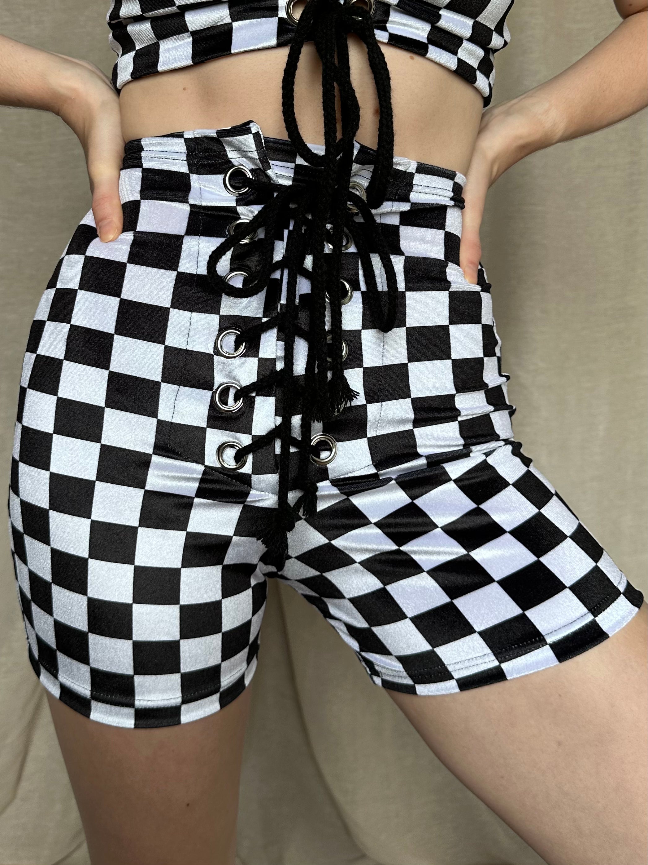 White and black checkered on sale shorts