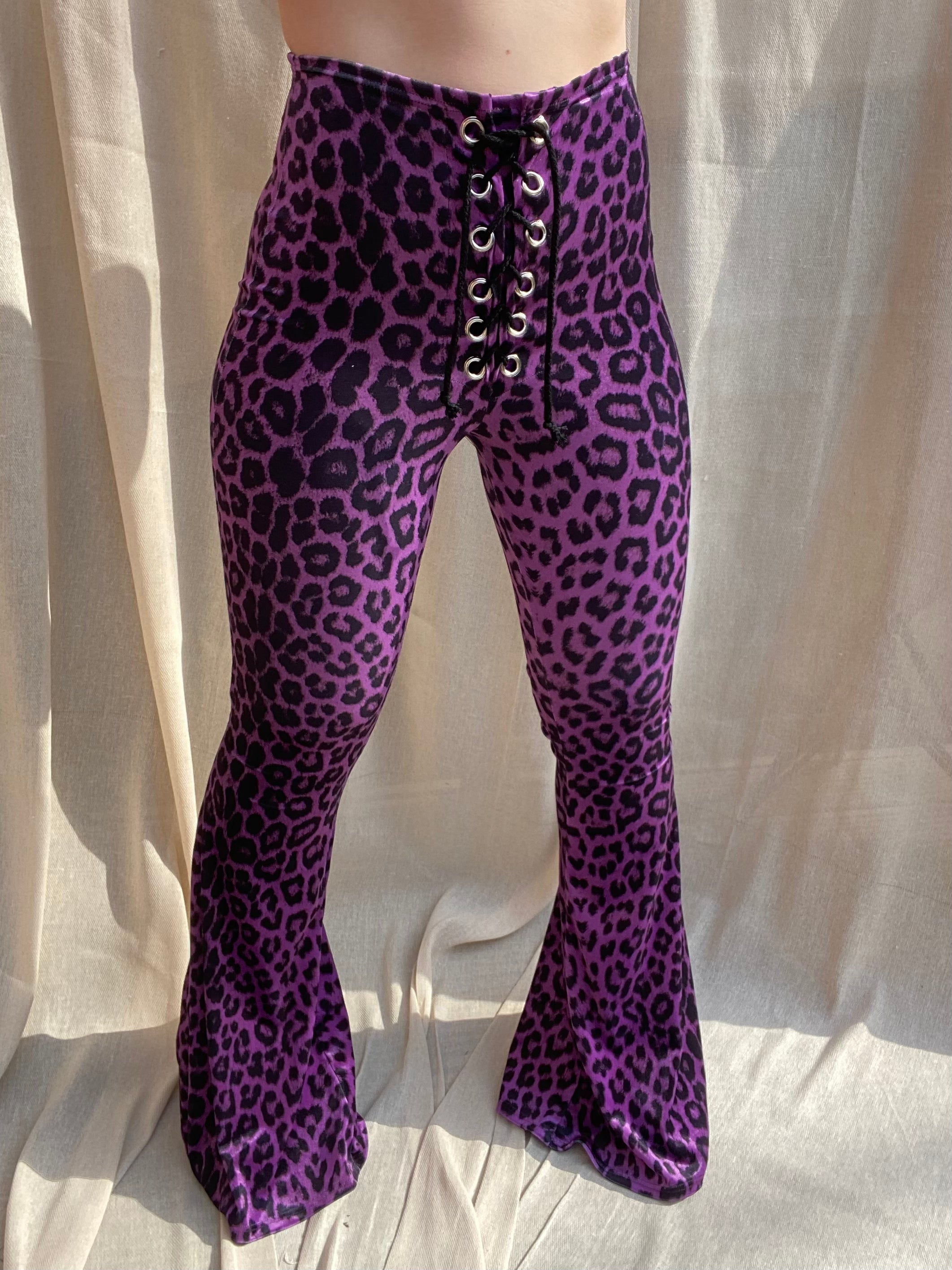 Violet Leopard Velvet Bell Bottom Leggings for Girls