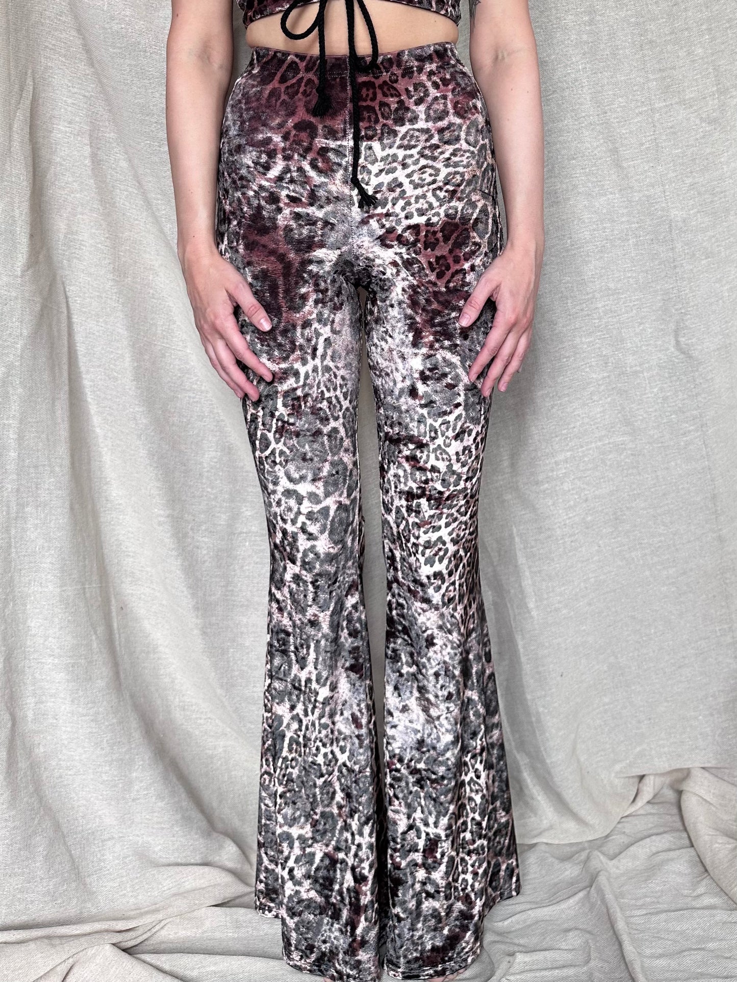 Flared Trousers - Crushed Velvet - Dusky Pink Leopard