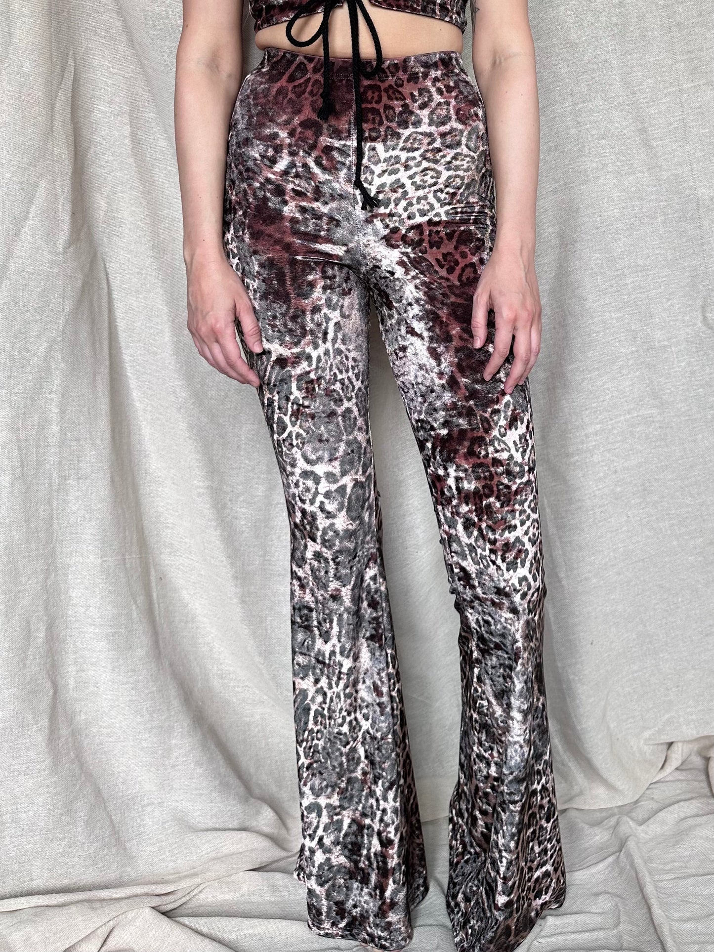 Flared Trousers - Crushed Velvet - Dusky Pink Leopard