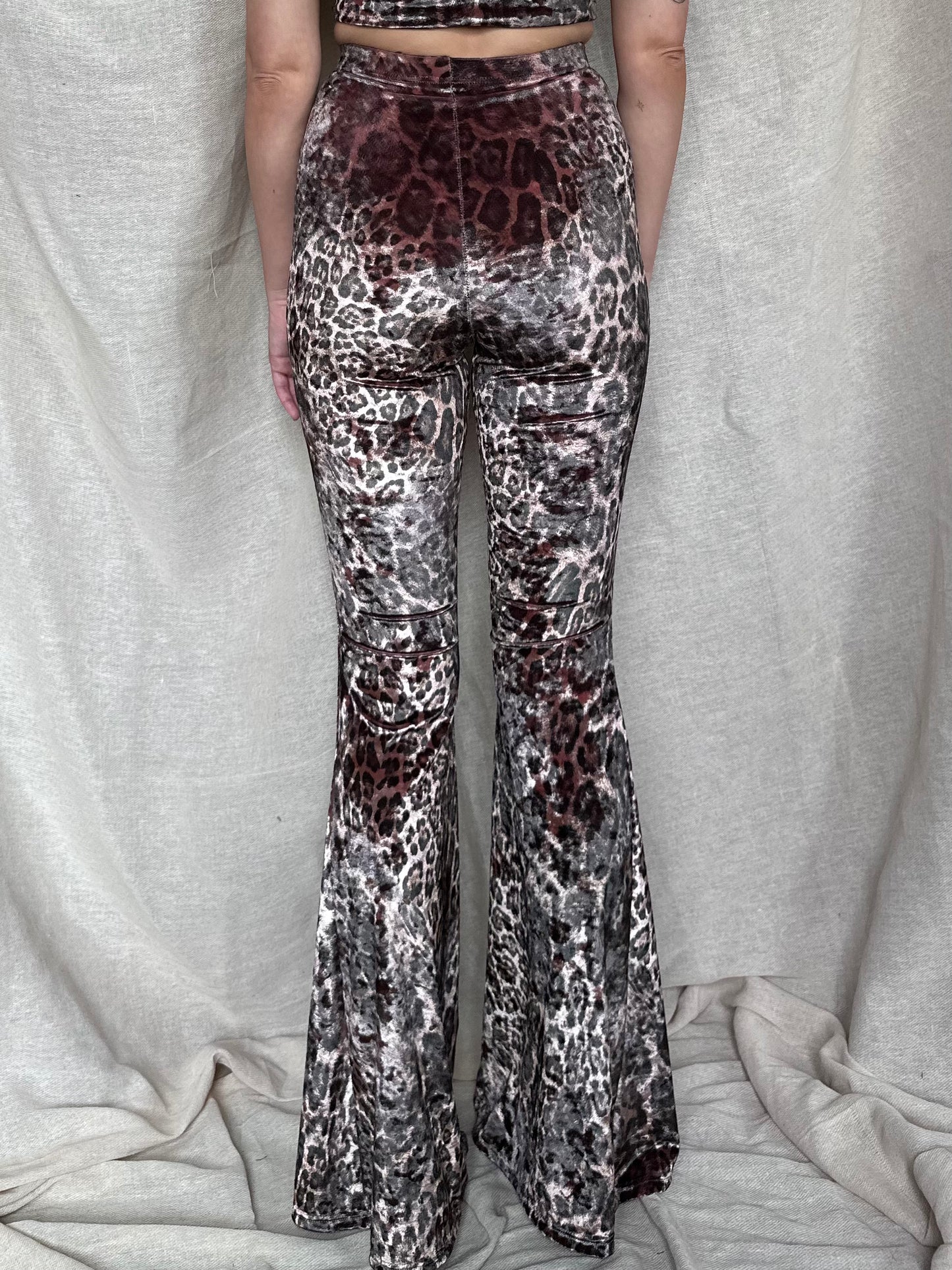 Flared Trousers - Crushed Velvet - Dusky Pink Leopard