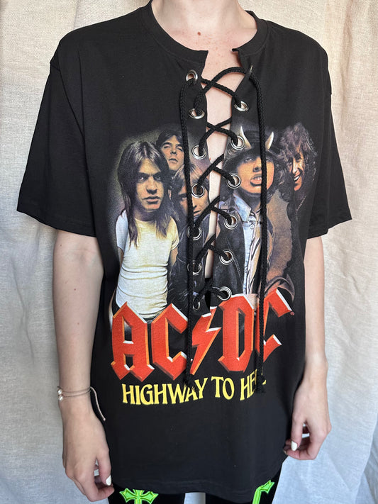 AC/DC  - Black - Highway to Hell - Lace Up T-shirt - Lace Up T-shirt